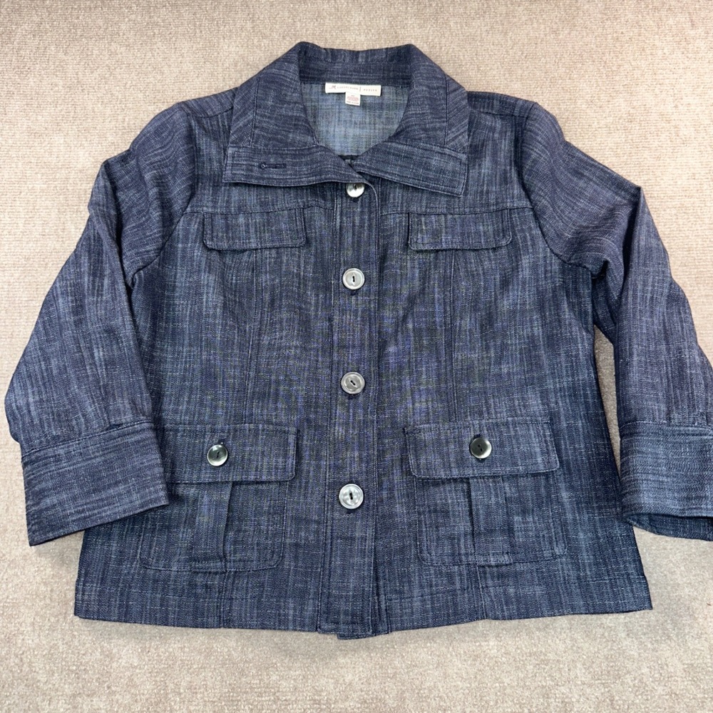 JM Collection Petite Blue Textured Denim Utility Jacket Size 8P Button Front